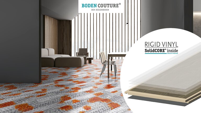 Modernes Interieur mit gemustertem Rigid-Vinylboden.